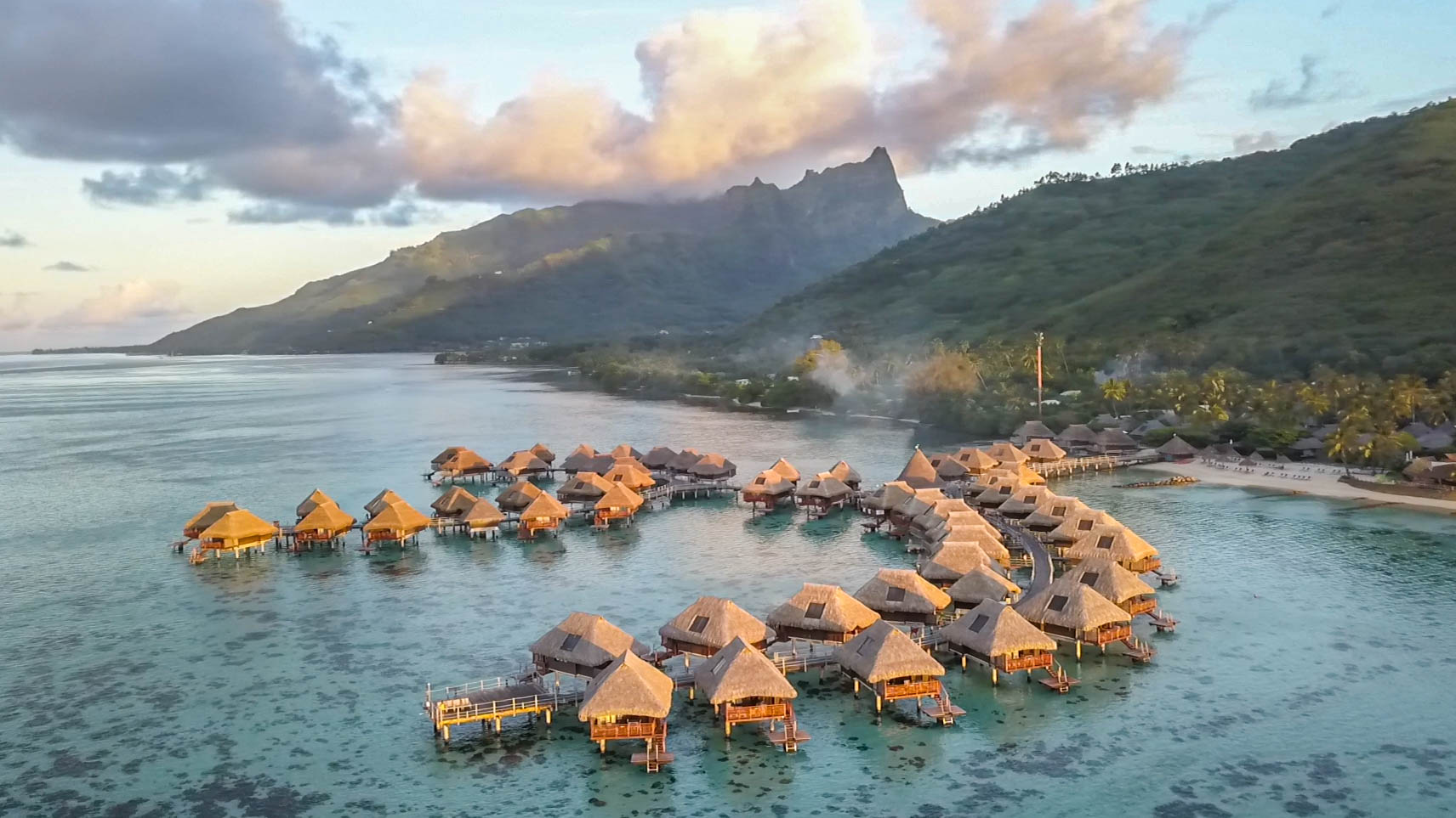 overwater bungalows, sunset, french polynesia, hilton moorea
