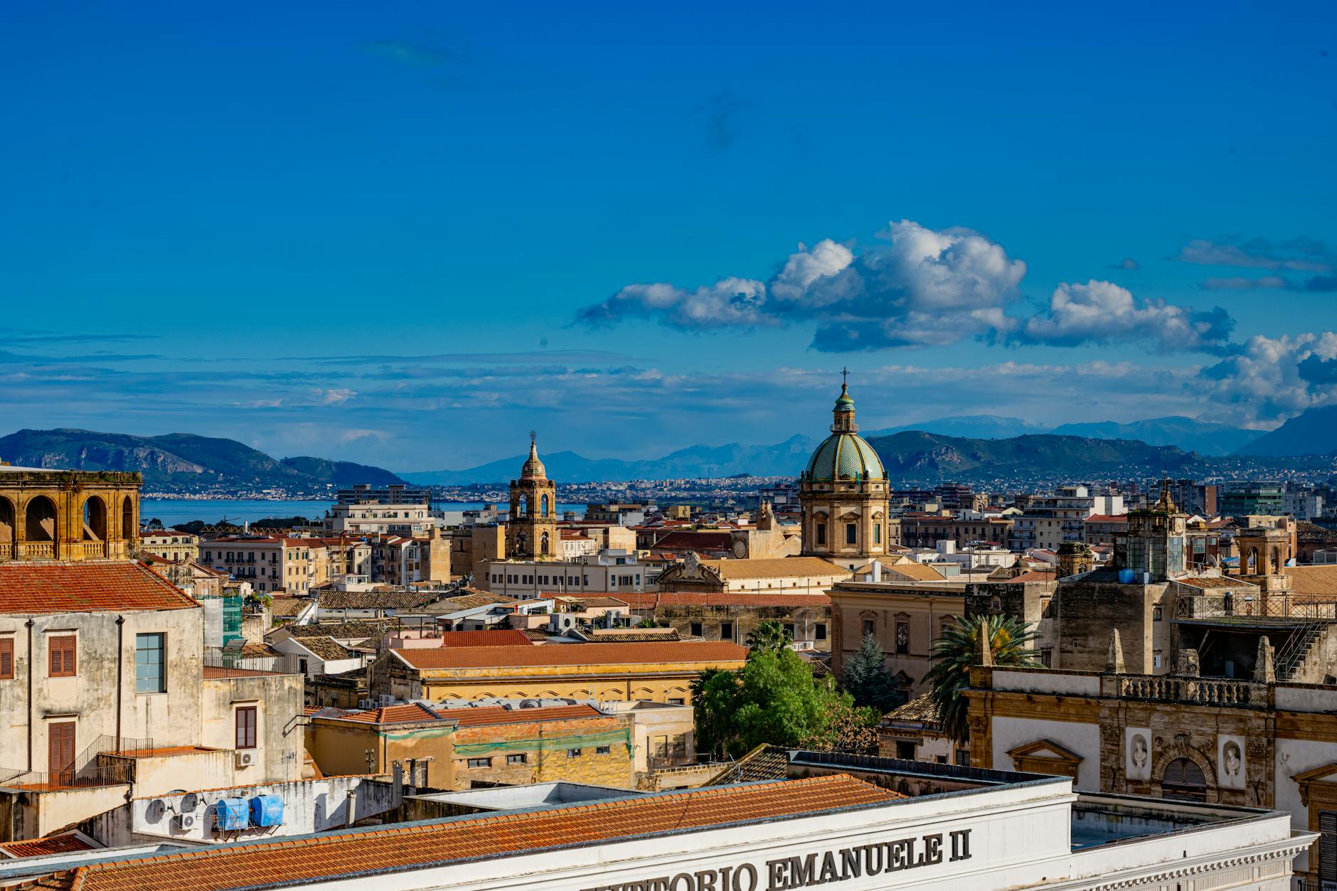Palermo Sicily skyline with historic baroque architecture and bright blue sky