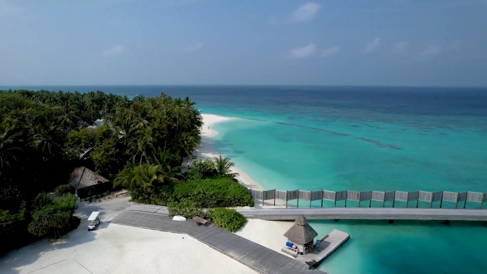 Aerial view of a white-sand beach with palm trees, a walkway and a golf buggy beside turquoise water.
