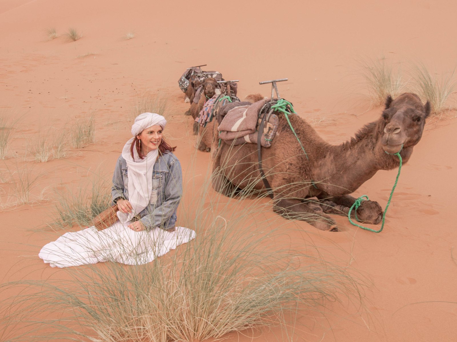 A woman in a white headscarf sits on a sand dune beside a line of resting camels in the Sahara near Merzouga.