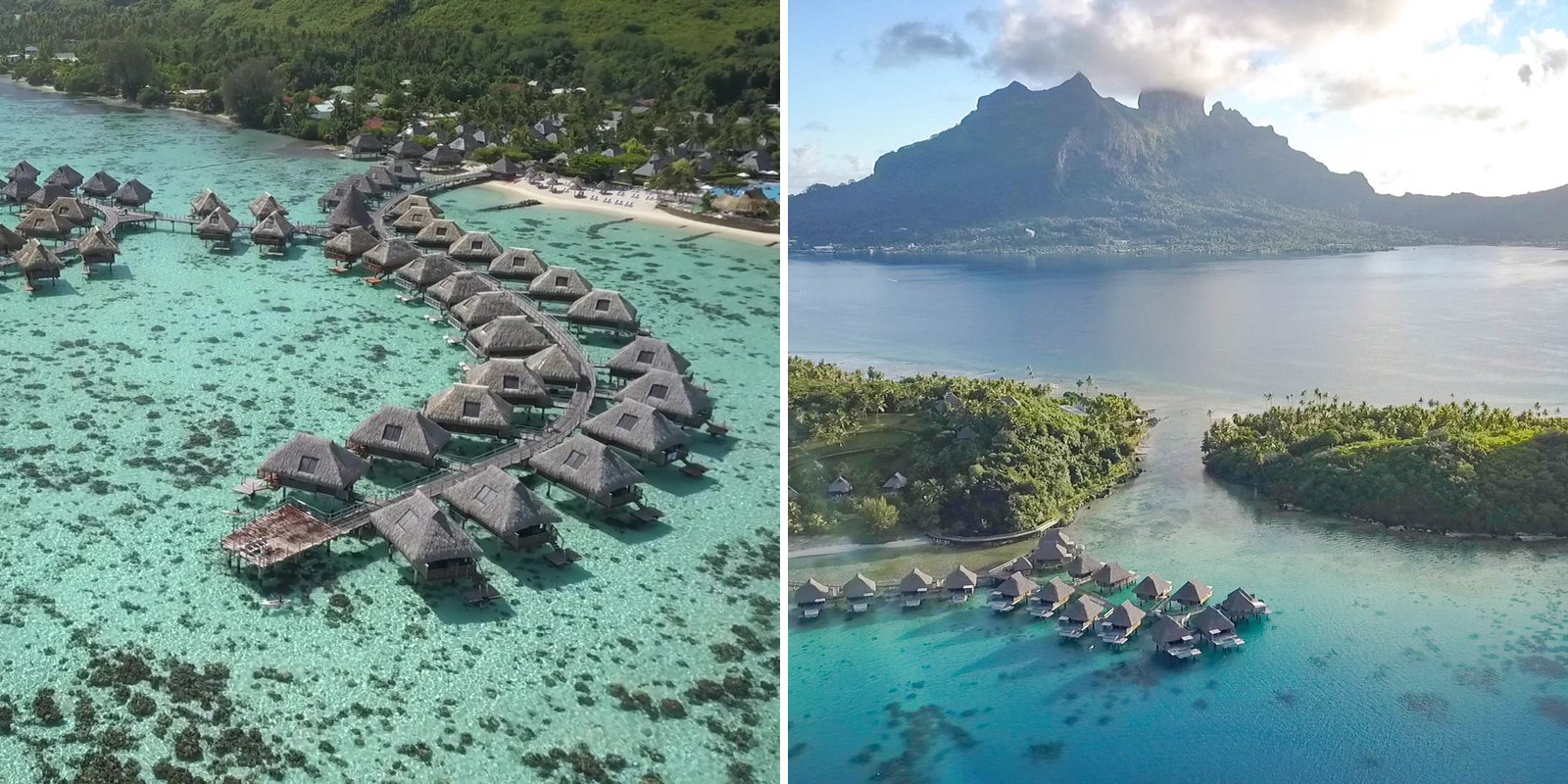 Two aerial photos side by side: on the left, Moorea's overwater bungalows on a reef-dotted lagoon below green hills; on the right, Bora Bora's Mount Otemanu rising above the lagoon, a green resort motu and overwater bungalows.