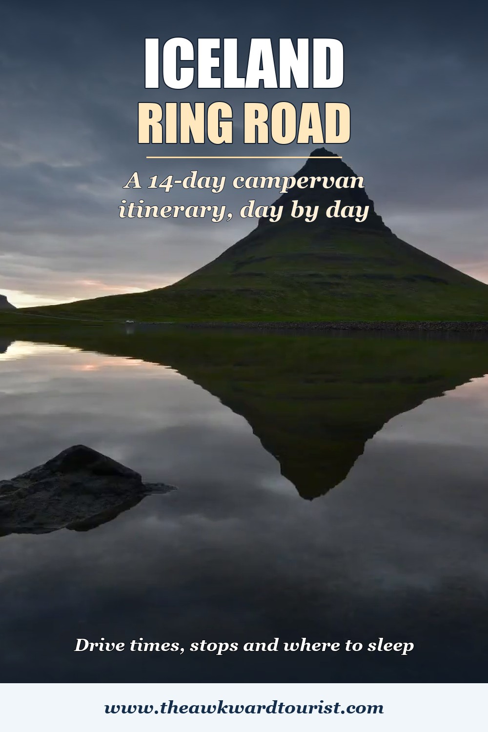 Kirkjufell mountain reflected in still water under a cloudy sunset sky, with the text Iceland Ring Road: a 14-day campervan itinerary, day by day.