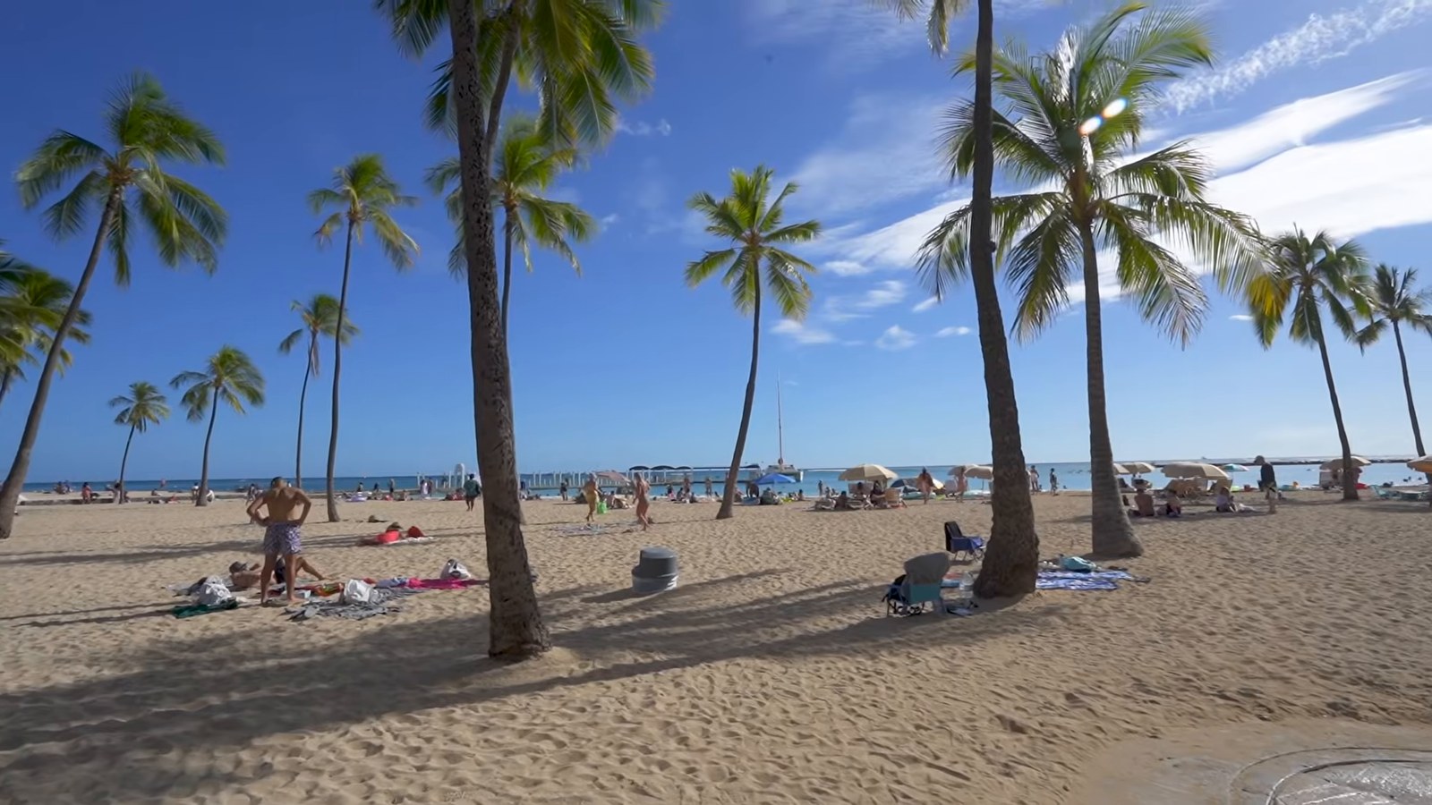 Palm trees on a sandy beach with sunbathers far off and a pier in the distance at Waikiki Beach.
