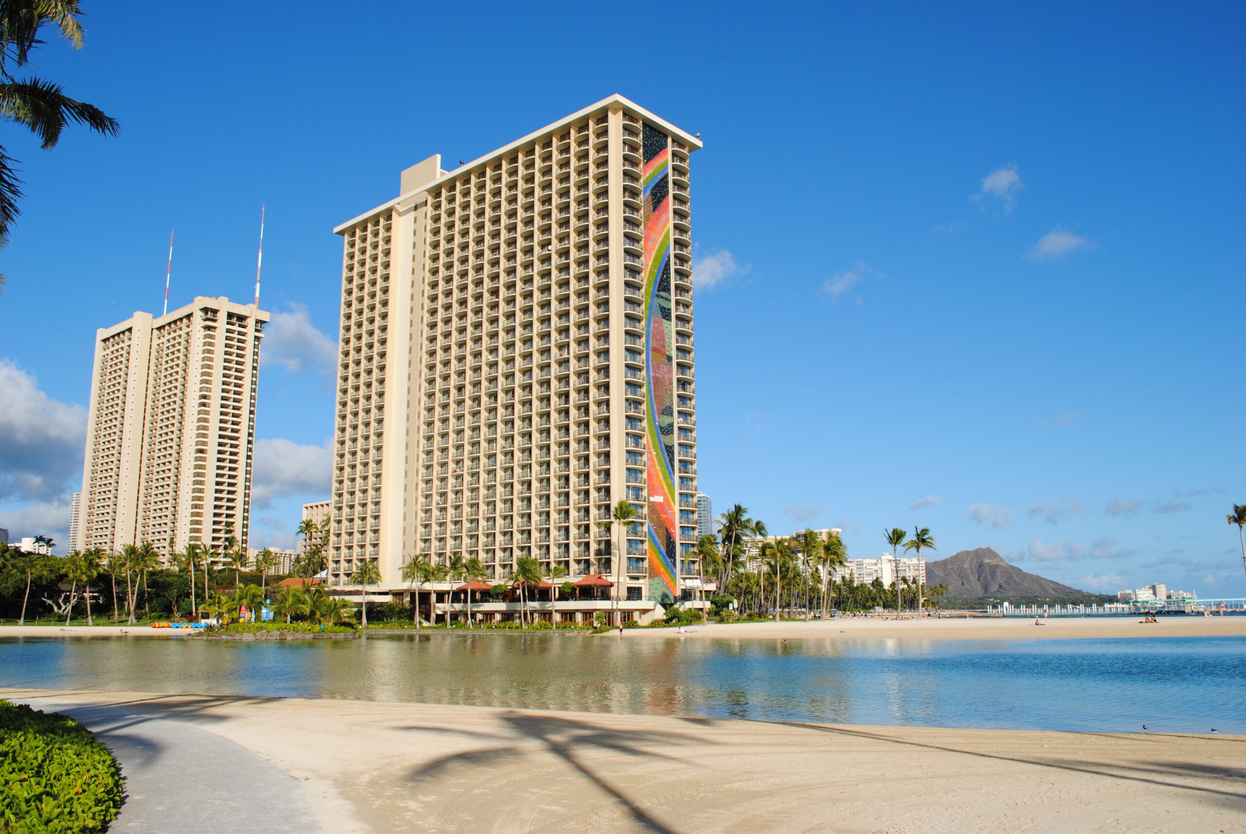 The Rainbow Tower and the lagoon at Hilton Hawaiian Village, with Diamond Head in the distance.